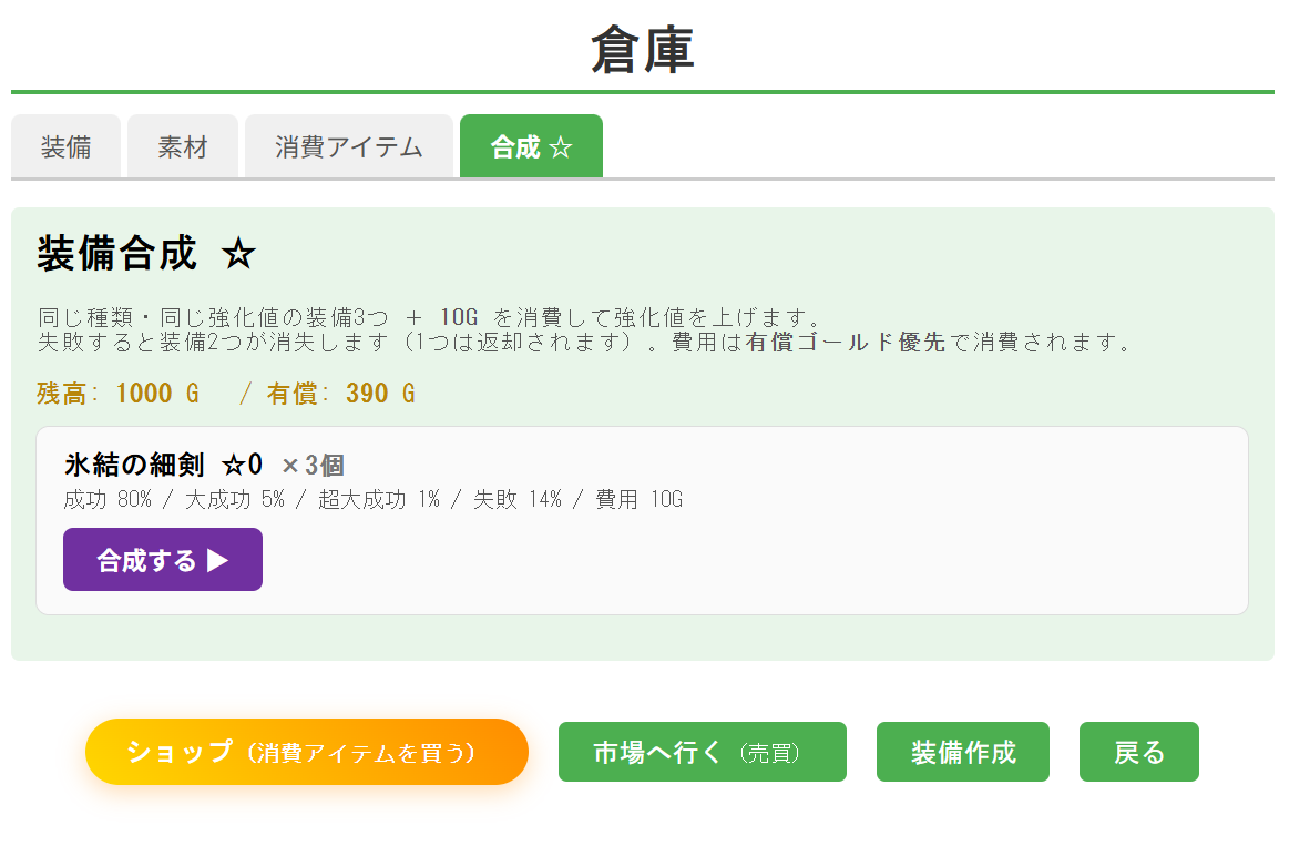 同じ装備が３つあれば合成で強化できる